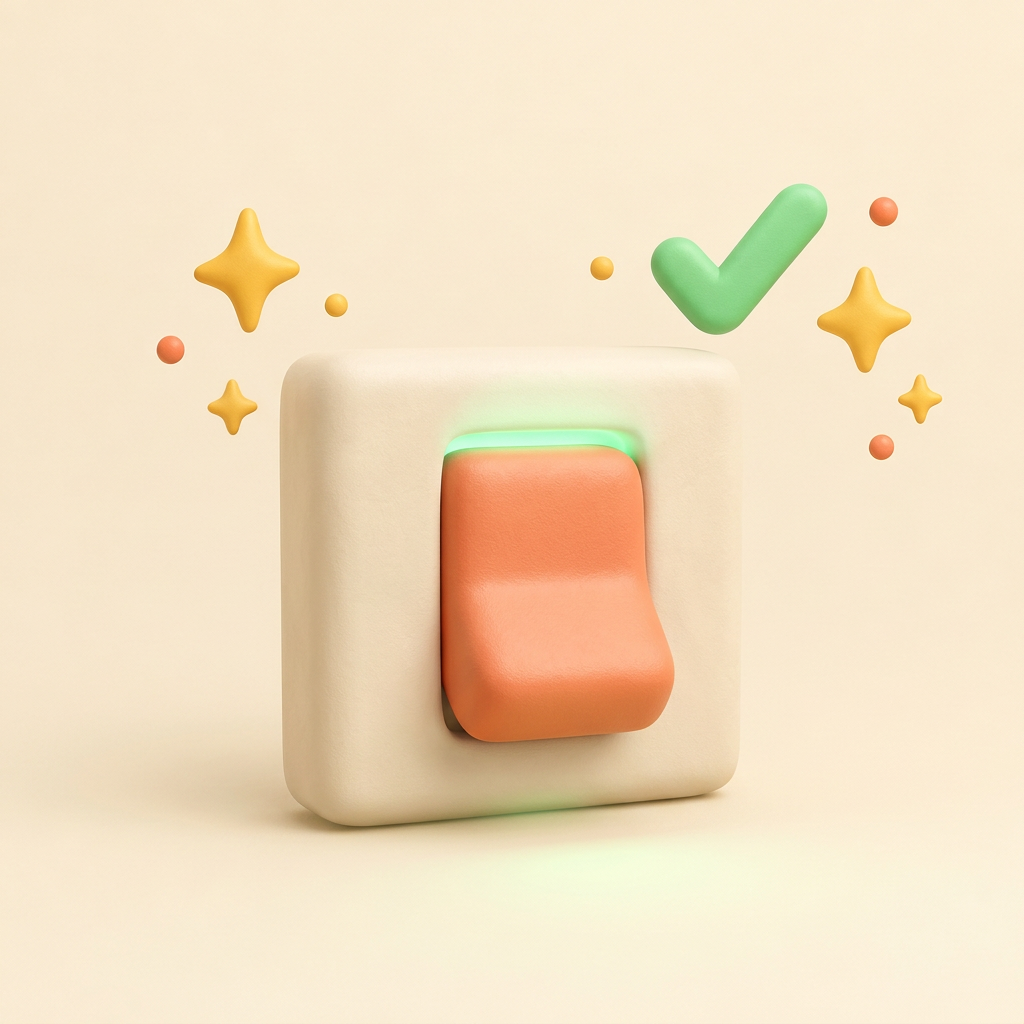 A soft 3D clay toggle switch flipped on, glowing mint green